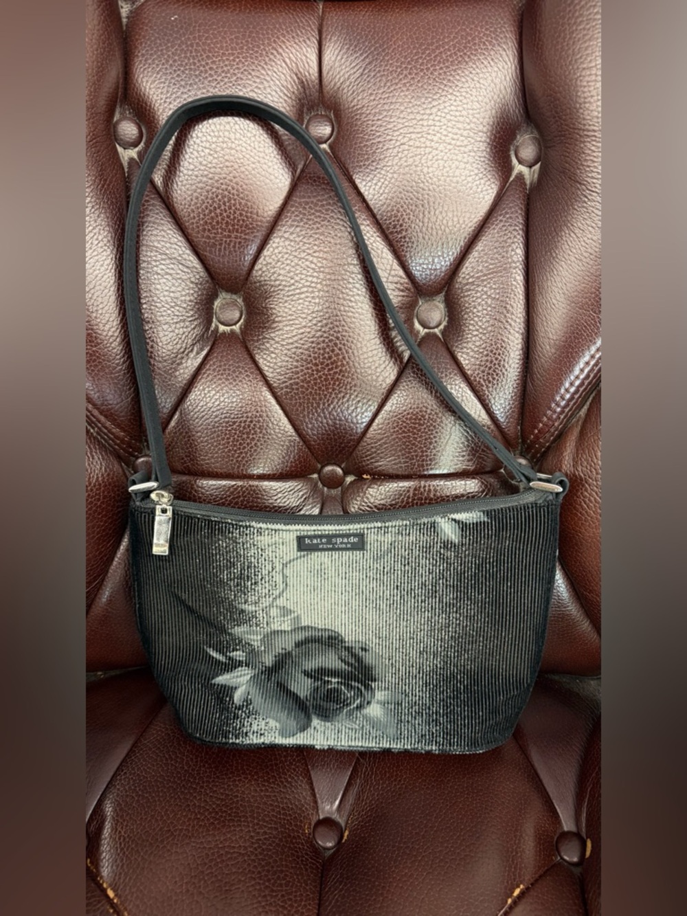 Vintage Kate Spade Black Floral Corduroy/Textured Shoulder Bag